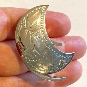 Sterling Silver BOND BOYD Crescent Moon etched brooch